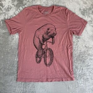 Dark Cycle Clothing Manatee on Bicycle T-Shirt Size L Mauve Graphic Eco